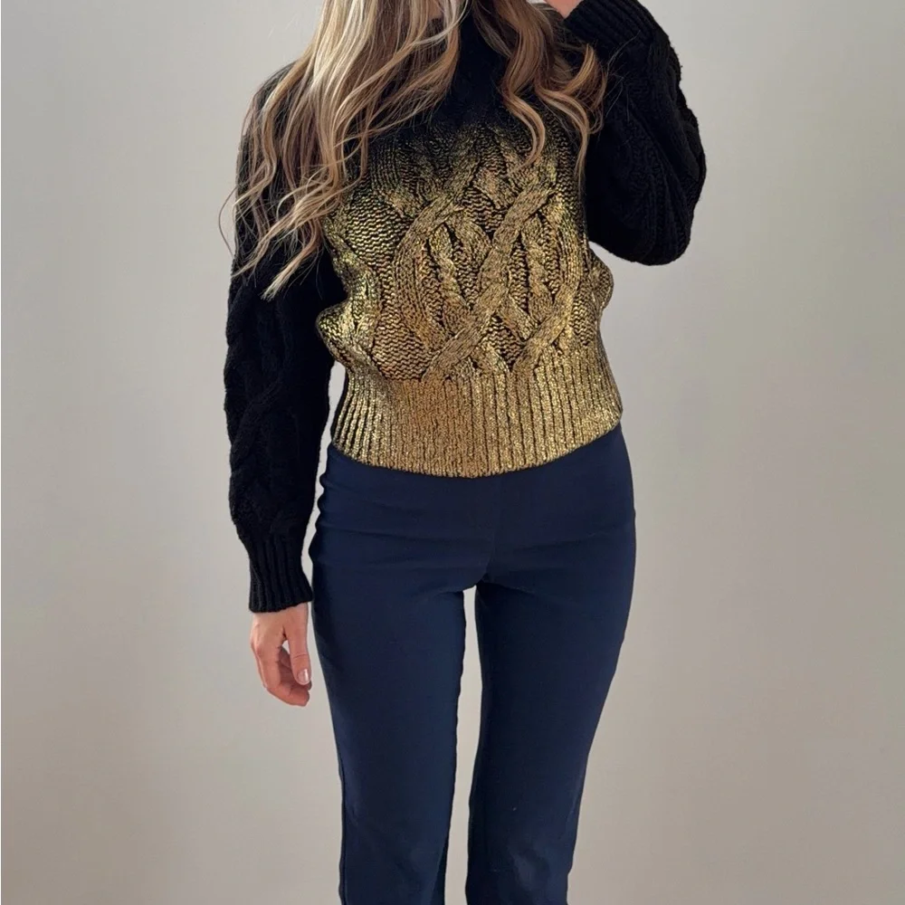 PINKO Italy Gold Metallic Ombré Cable Knit Wool Sweater Jumper Black XS - M